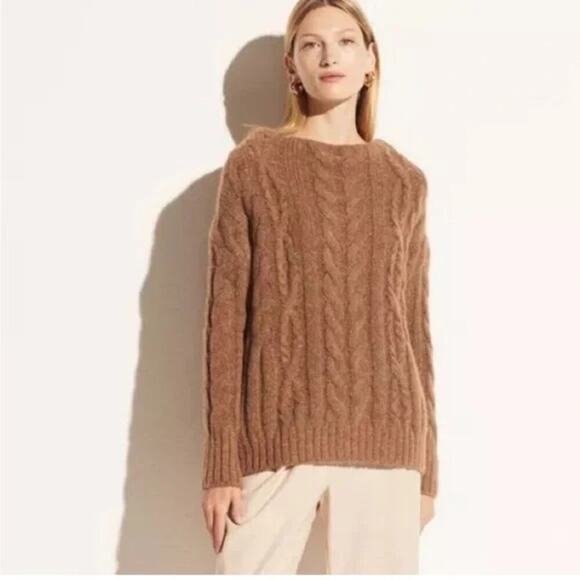 VINCE Braided Cable Funnel Neck Sweater Camel Tan Size XS Alpaca Fisherman - Picture 1 of 8